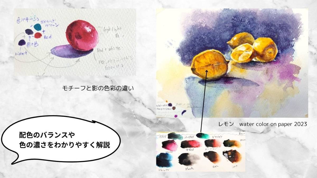 オンライン水彩教室のレモンの絵