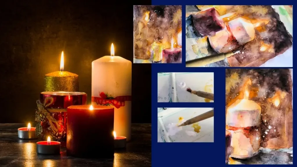 クリスマスカードとキャンドルの水彩画