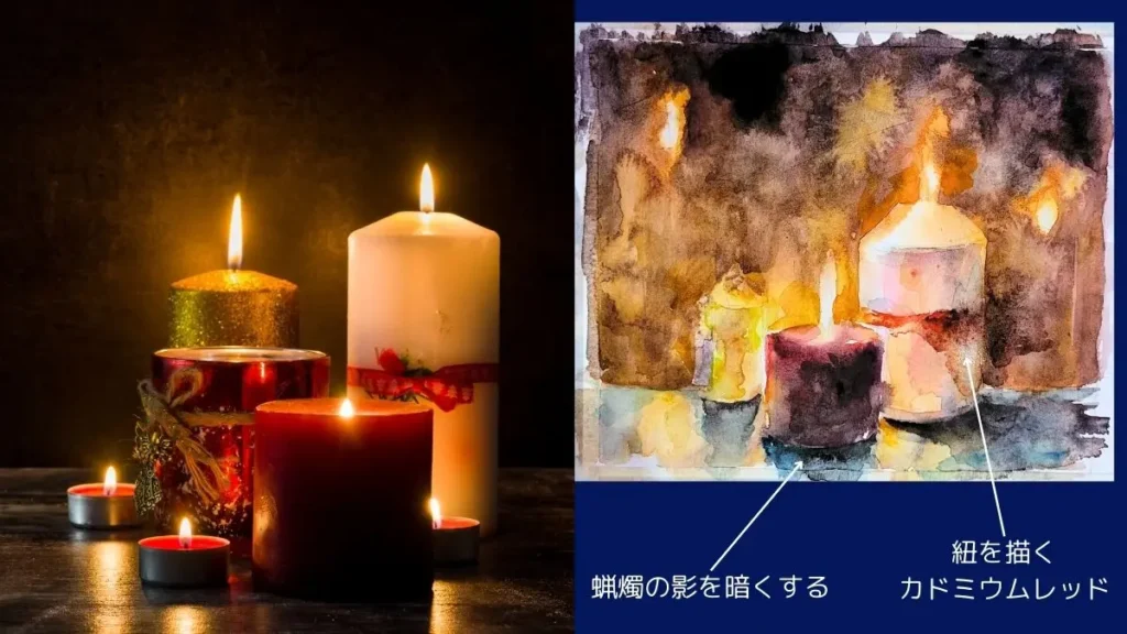 クリスマスカードとキャンドルの水彩画