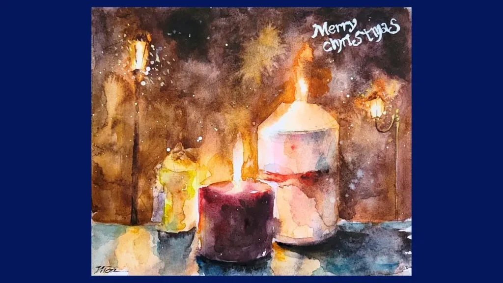 クリスマスカードとキャンドルの水彩画