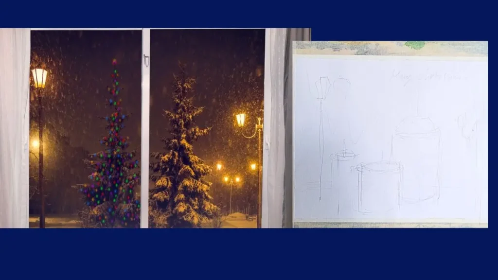 クリスマスカードとキャンドルの水彩画