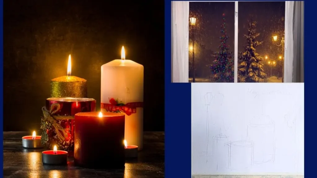 クリスマスカードとキャンドルの水彩画