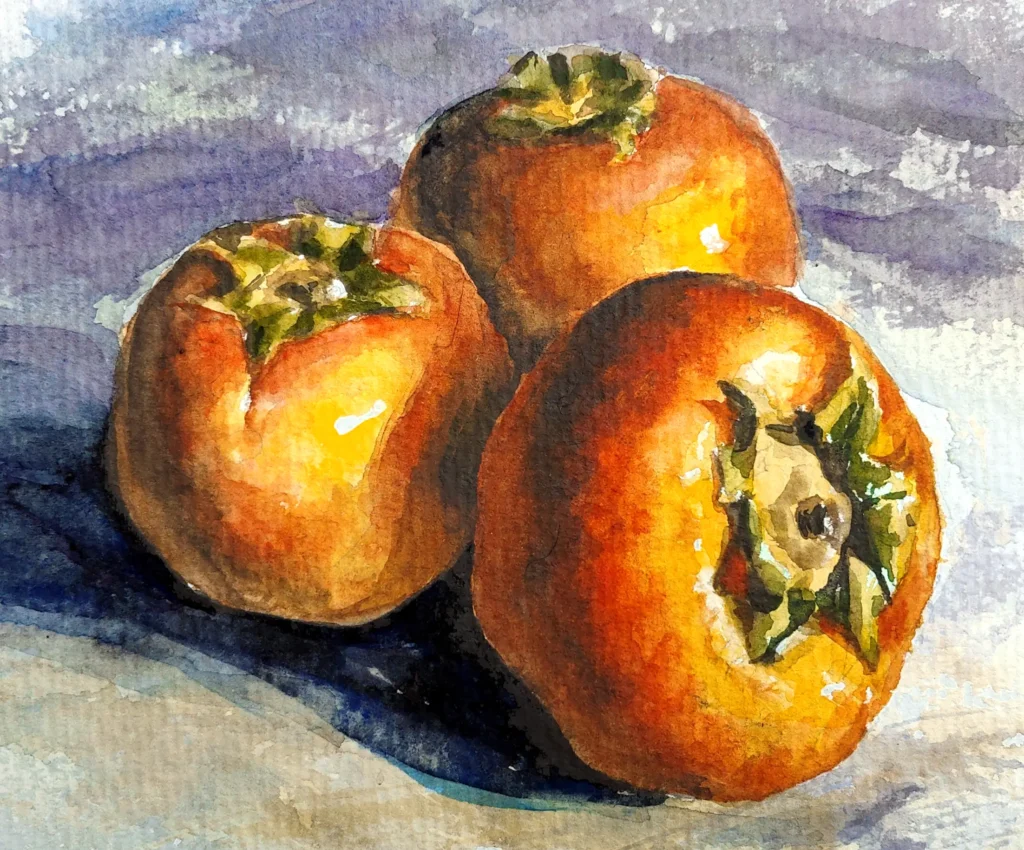 水彩で描いた柿