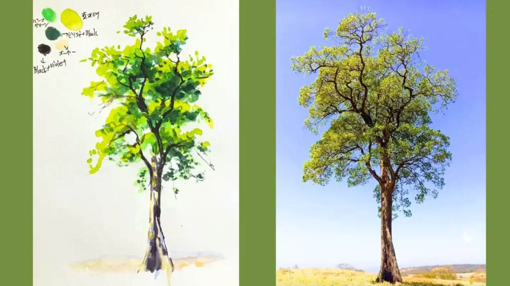 オンライン絵画教室用に水彩で描いた木