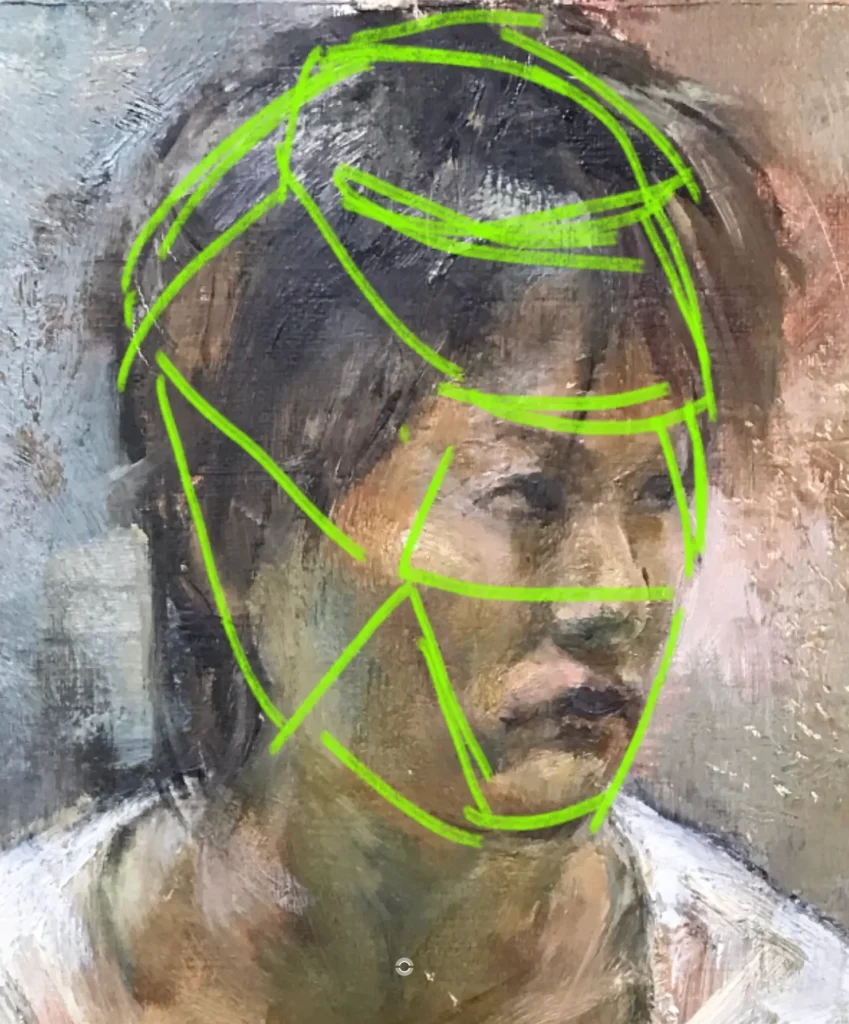 油絵で描いた人物画の顔の面取り