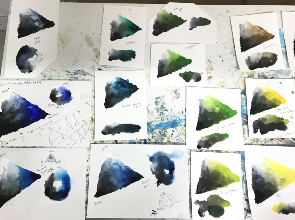 青、緑、黄緑、黄色の混色表