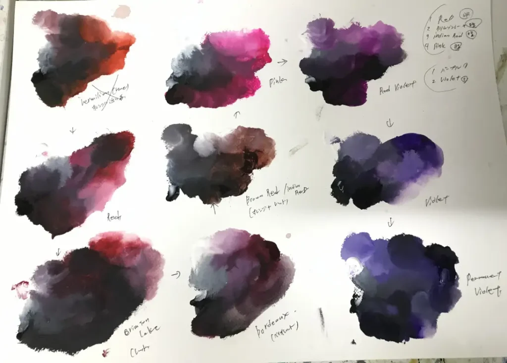 赤、紫、茶色系の混色表