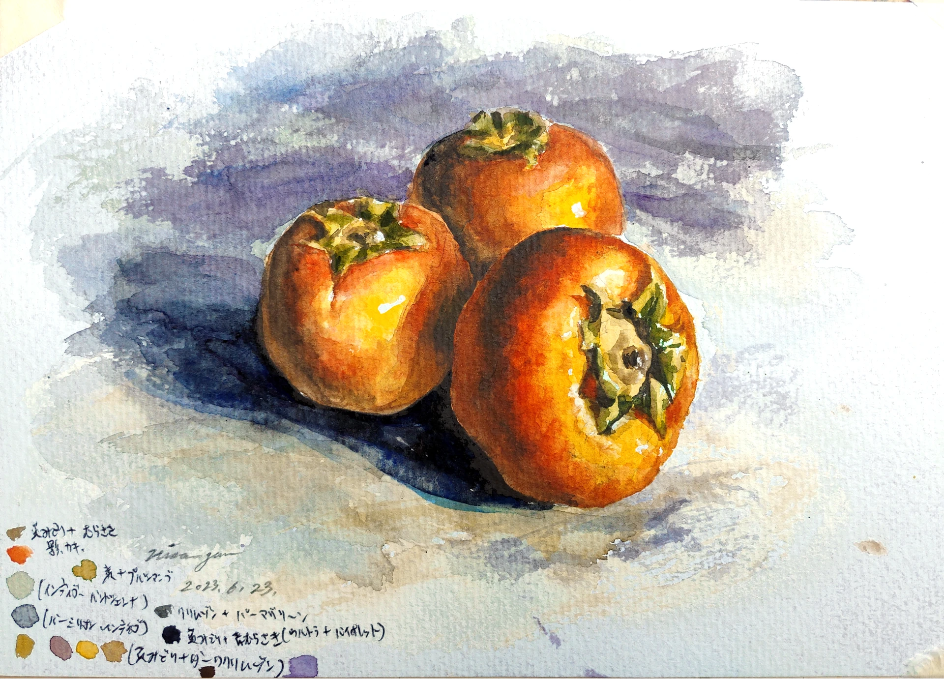 補色を使い描く柿│水彩講座 | HISA GEMMA オンライン絵画教室