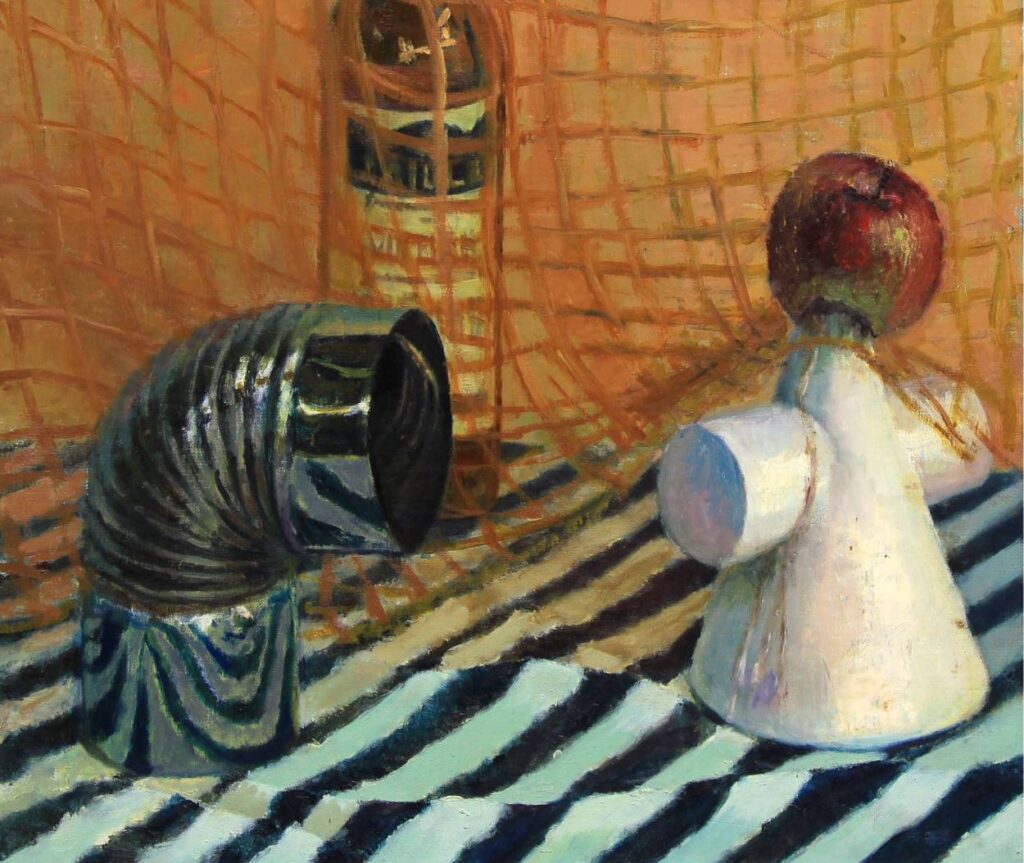 石膏と排気ダクトのある油絵の静物画