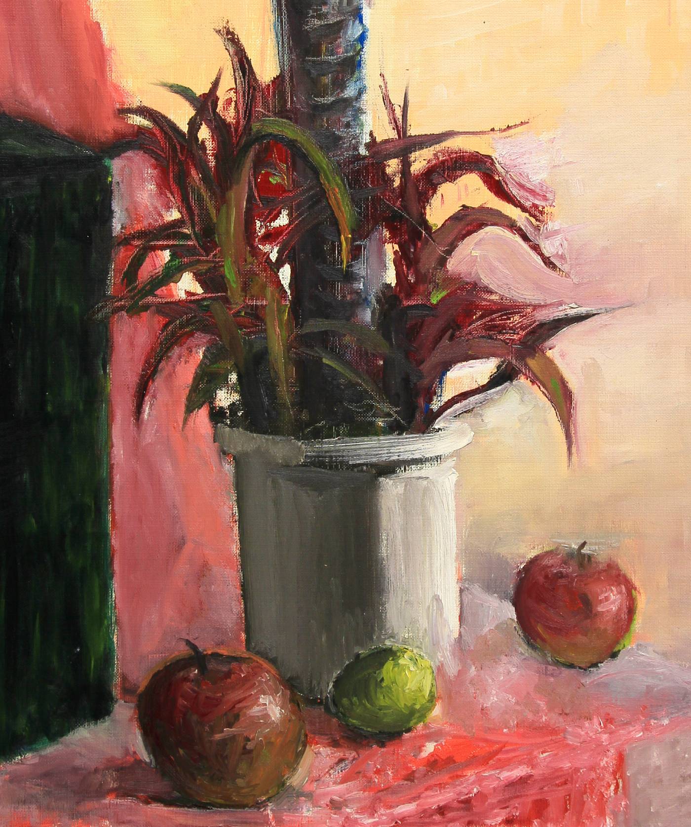 観葉植物のある油絵で描いた静物画