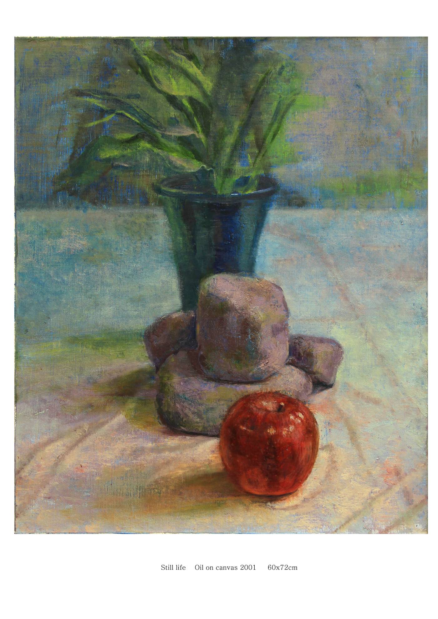 林檎と植物と石のある油絵の静物画