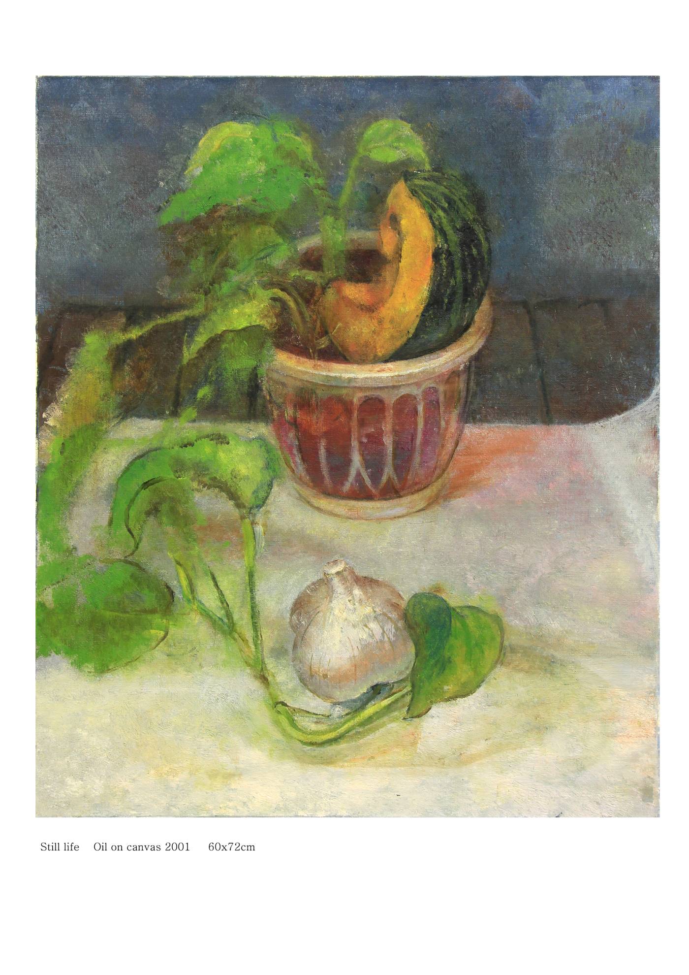 油彩で描いたカボチャとニンニクのある静物画