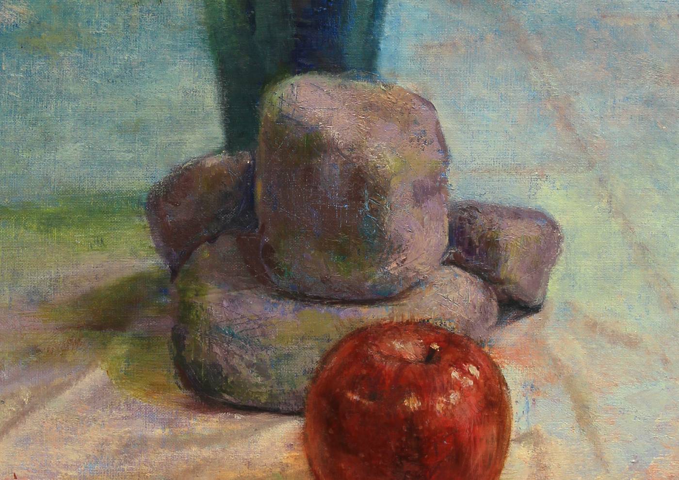 林檎・石・植物のある油絵の静物画│空間とモチーフの関係