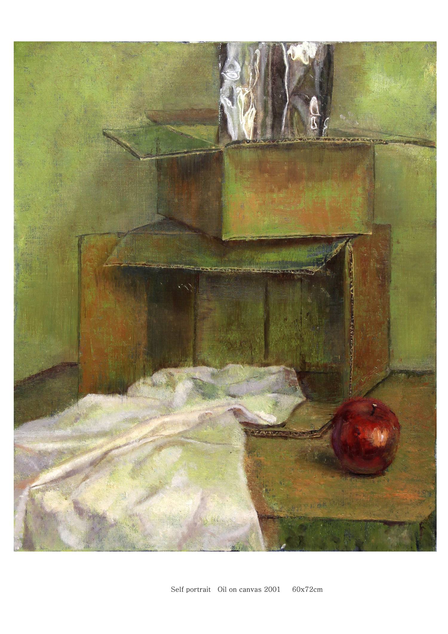 アルミホイルと段ボールと布と林檎のある静物画/Still life painting with aluminum foil, cardboard, cloth, and an apple