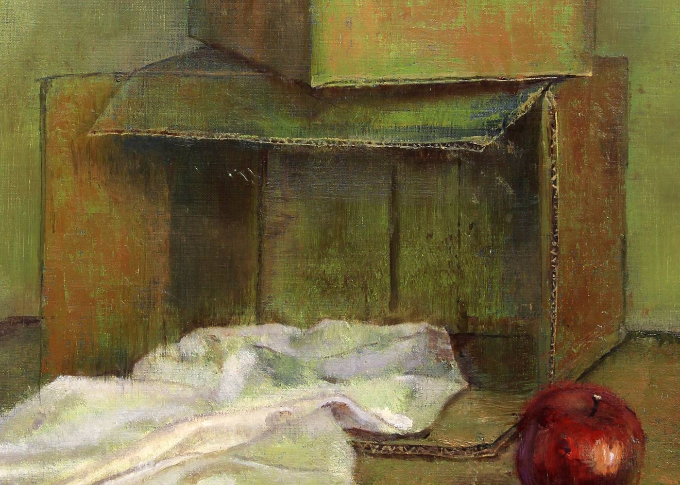 段ボールと布と林檎のある静物画/Still life painting with cardboard, cloth, and an apple