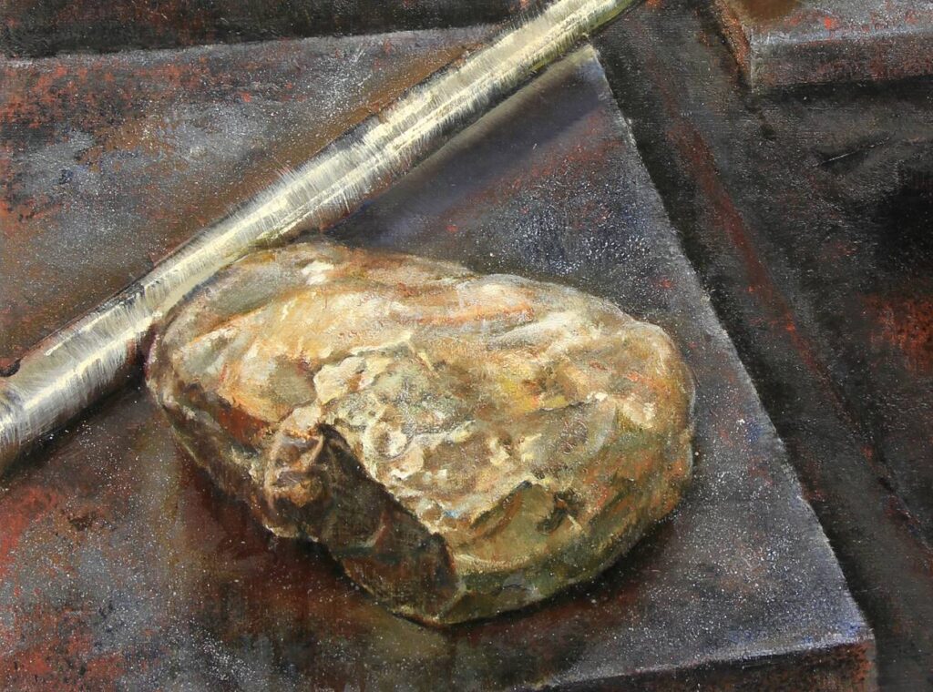 金属と石を描いた油絵/An oil painting depicting metal and stone